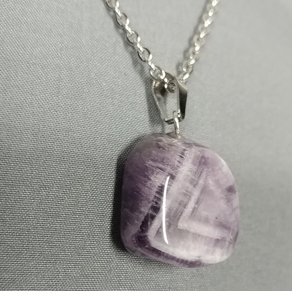 Chevron Purple Amethyst Necklace Natural Gemstone Pendant Stainless-Steel Chain - Picture 9 of 17